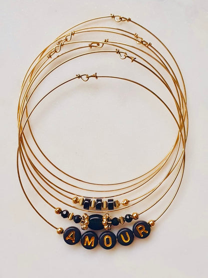Semainier Fin Or avec Perles Noires - Ensemble de 7 Bracelets Fins, Jonc Bangle Acier Inoxydable, Couleur Doré - AlbertineAndTheSun