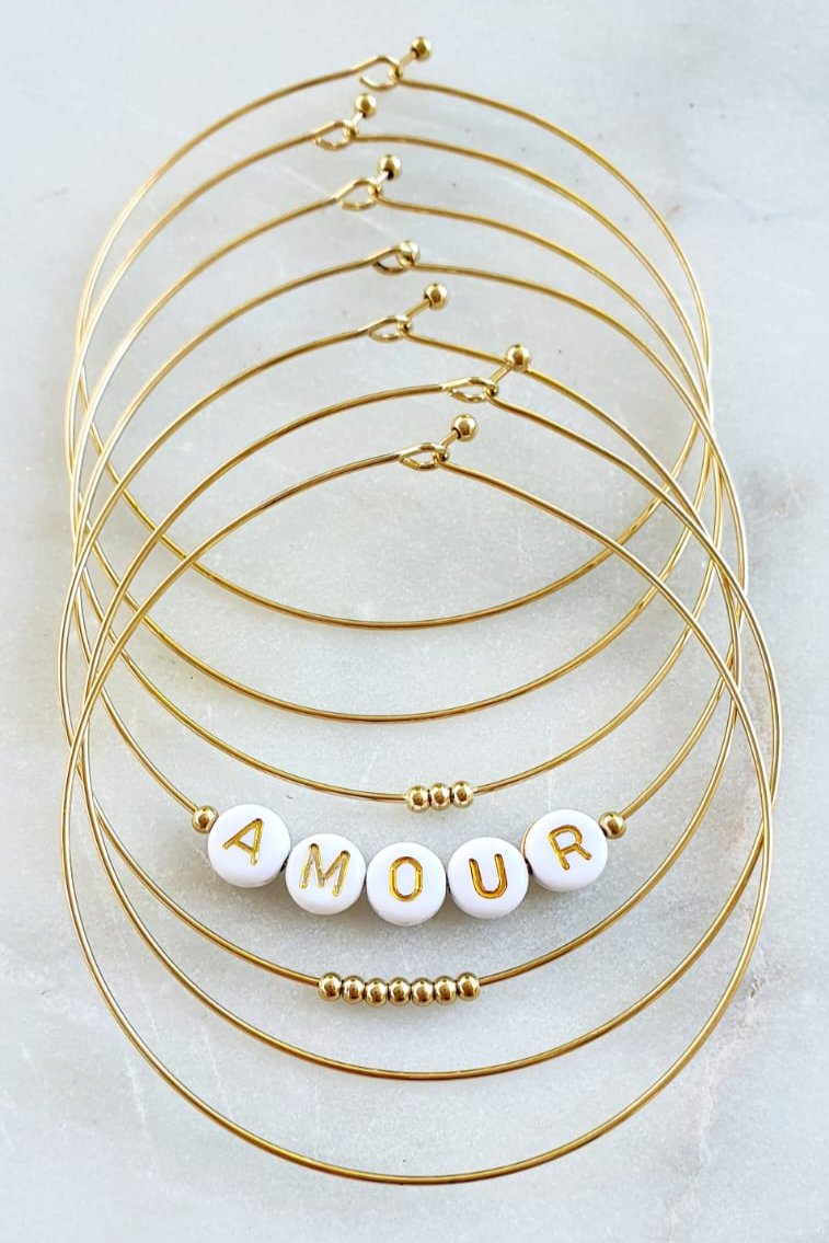 Semainier Fin Or avec Perles Blanches - Ensemble de 7 Bracelets Fins, Jonc Bangle Acier Inoxydable, Couleur Doré - AlbertineAndTheSun