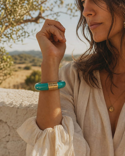 Jonc Résine Marbré Turquoise Doré Fermoir Magnétique Invisible, Bracelet Statement Femme Bohème Chic Été, Résine Haute Qualité, Cadeau