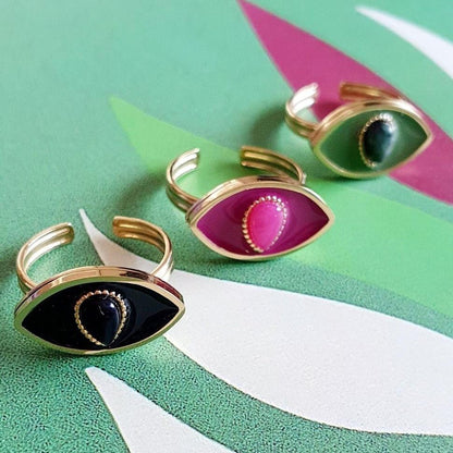 Bague Œil en Or avec Pierre Noire, Verte ou Bordeaux - Réglable, Ajustable, Acier Inoxydable - AlbertineAndTheSun