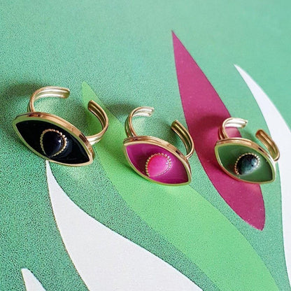Bague Œil en Or avec Pierre Noire, Verte ou Bordeaux - Réglable, Ajustable, Acier Inoxydable - AlbertineAndTheSun