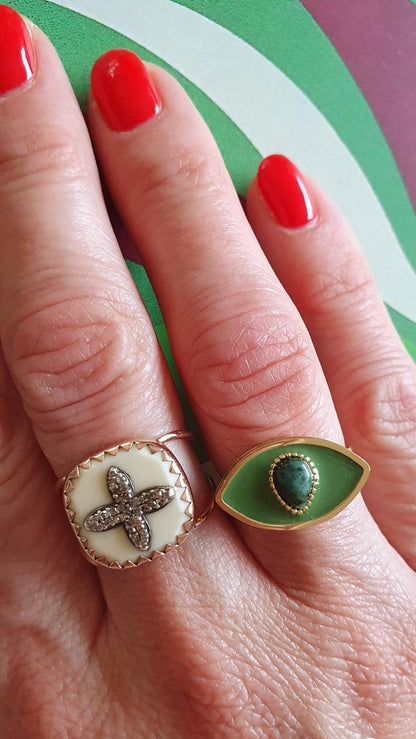 Bague Œil en Or avec Pierre Noire, Verte ou Bordeaux - Réglable, Ajustable, Acier Inoxydable - AlbertineAndTheSun