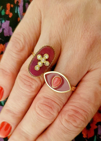 Bague Œil en Or avec Pierre Noire, Verte ou Bordeaux - Réglable, Ajustable, Acier Inoxydable - AlbertineAndTheSun