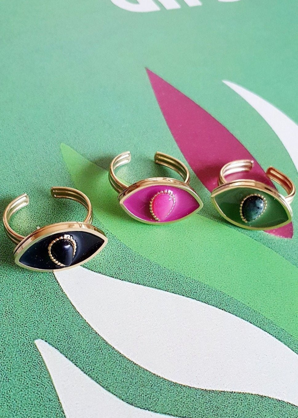 Bague Œil en Or avec Pierre Noire, Verte ou Bordeaux - Réglable, Ajustable, Acier Inoxydable - AlbertineAndTheSun