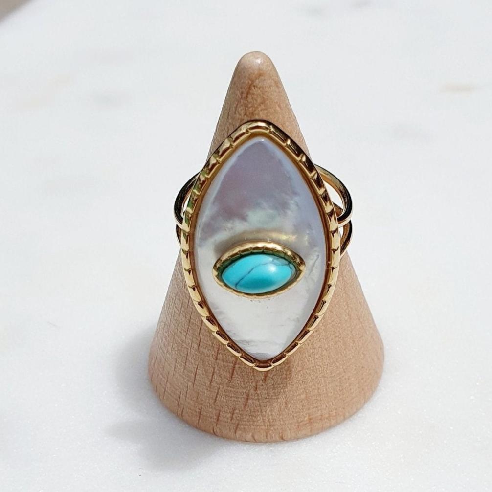 Bague Paros avec Œil - Dorée et Ambre, Réglable, Acier Inoxydable de Haute Qualité - AlbertineAndTheSun