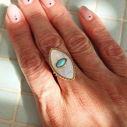 Bague Paros avec Œil - Dorée et Ambre, Réglable, Acier Inoxydable de Haute Qualité - AlbertineAndTheSun