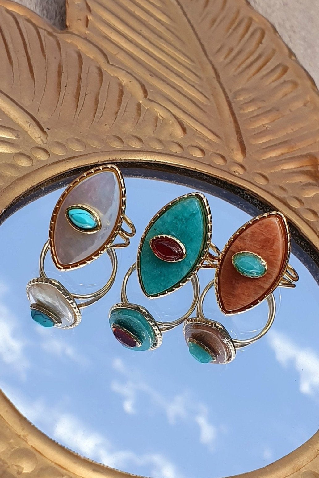 Bague Paros avec Œil - Dorée et Ambre, Réglable, Acier Inoxydable de Haute Qualité - AlbertineAndTheSun