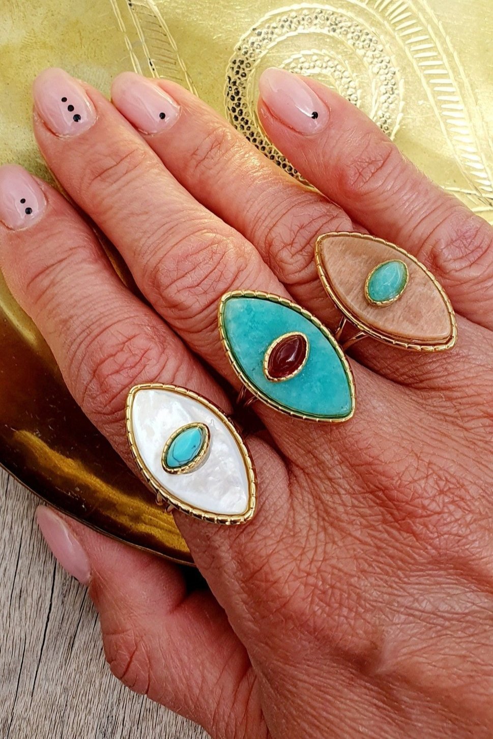 Bague Paros avec Œil - Dorée et Ambre, Réglable, Acier Inoxydable de Haute Qualité - AlbertineAndTheSun