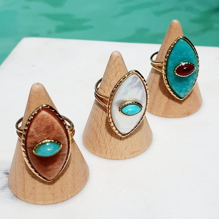 Bague Paros avec Œil - Dorée et Ambre, Réglable, Acier Inoxydable de Haute Qualité - AlbertineAndTheSun