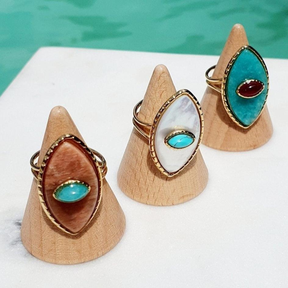 Bague Paros avec Œil - Dorée et Blanc Nacré - Réglable - Acier Inoxydable de Haute Qualité - AlbertineAndTheSun