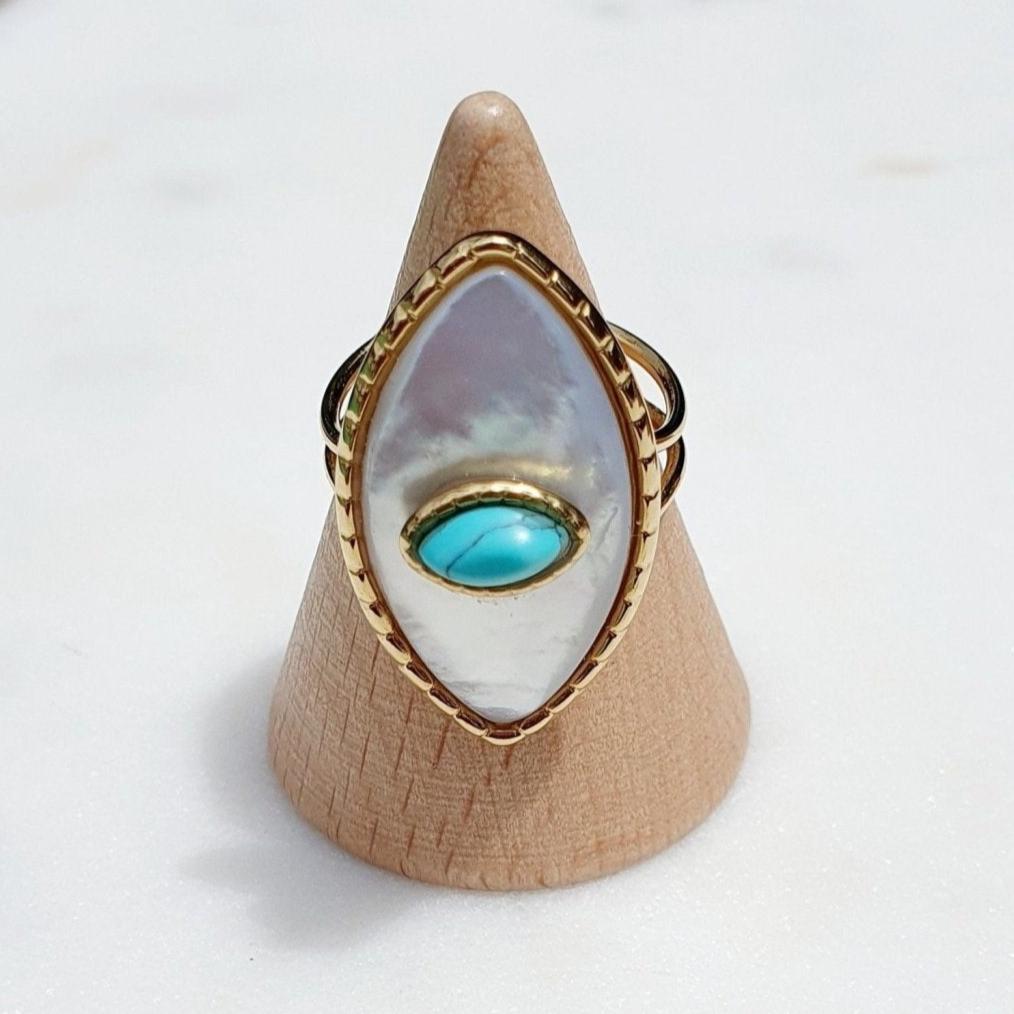 Bague Paros avec Œil - Dorée et Blanc Nacré - Réglable - Acier Inoxydable de Haute Qualité - AlbertineAndTheSun