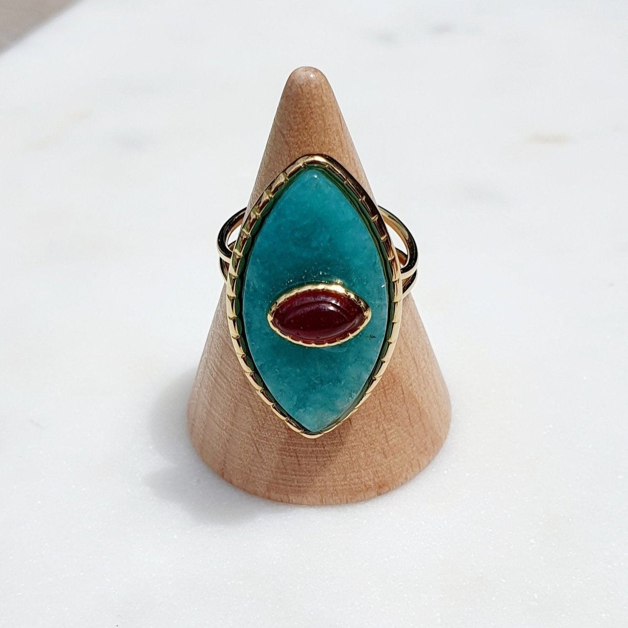 Bague Paros avec Œil - Dorée et Blanc Nacré - Réglable - Acier Inoxydable de Haute Qualité - AlbertineAndTheSun