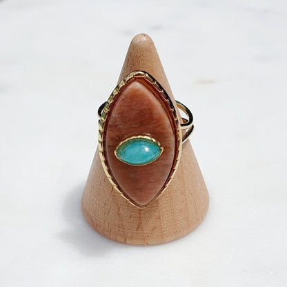 Bague Paros avec Œil - Dorée et Blanc Nacré - Réglable - Acier Inoxydable de Haute Qualité - AlbertineAndTheSun
