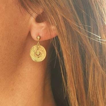 Boucles d'Oreilles Talisman Soleil et Œil - Pendentifs, Couleur Or, Protection, Acier Inoxydable - AlbertineAndTheSun