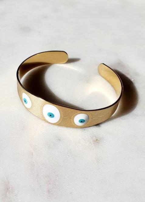 Bracelet Jonc 'Los Ojos' - Manchette Or Ajustable et Souple avec Œil Bleu Blanc, Devil Eye, Protection et Porte - Bonheur - AlbertineAndTheSun