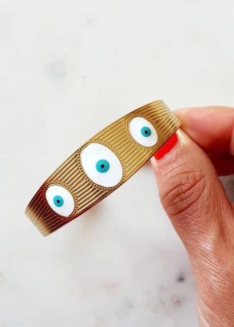 Bracelet Jonc 'Los Ojos' - Manchette Or Ajustable et Souple avec Œil Bleu Blanc, Devil Eye, Protection et Porte - Bonheur - AlbertineAndTheSun
