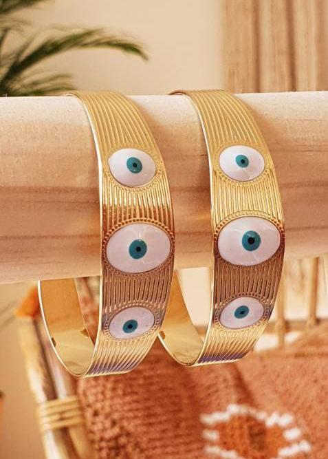 Bracelet Jonc 'Los Ojos' - Manchette Or Ajustable et Souple avec Œil Bleu Blanc, Devil Eye, Protection et Porte - Bonheur - AlbertineAndTheSun