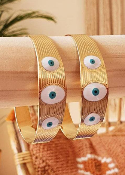 Bracelet Jonc 'Los Ojos' - Manchette Or Ajustable et Souple avec Œil Bleu Blanc, Devil Eye, Protection et Porte - Bonheur - AlbertineAndTheSun