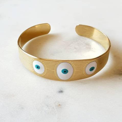 Bracelet Jonc 'Los Ojos' - Manchette Or Ajustable et Souple avec Œil Bleu Blanc, Devil Eye, Protection et Porte - Bonheur - AlbertineAndTheSun
