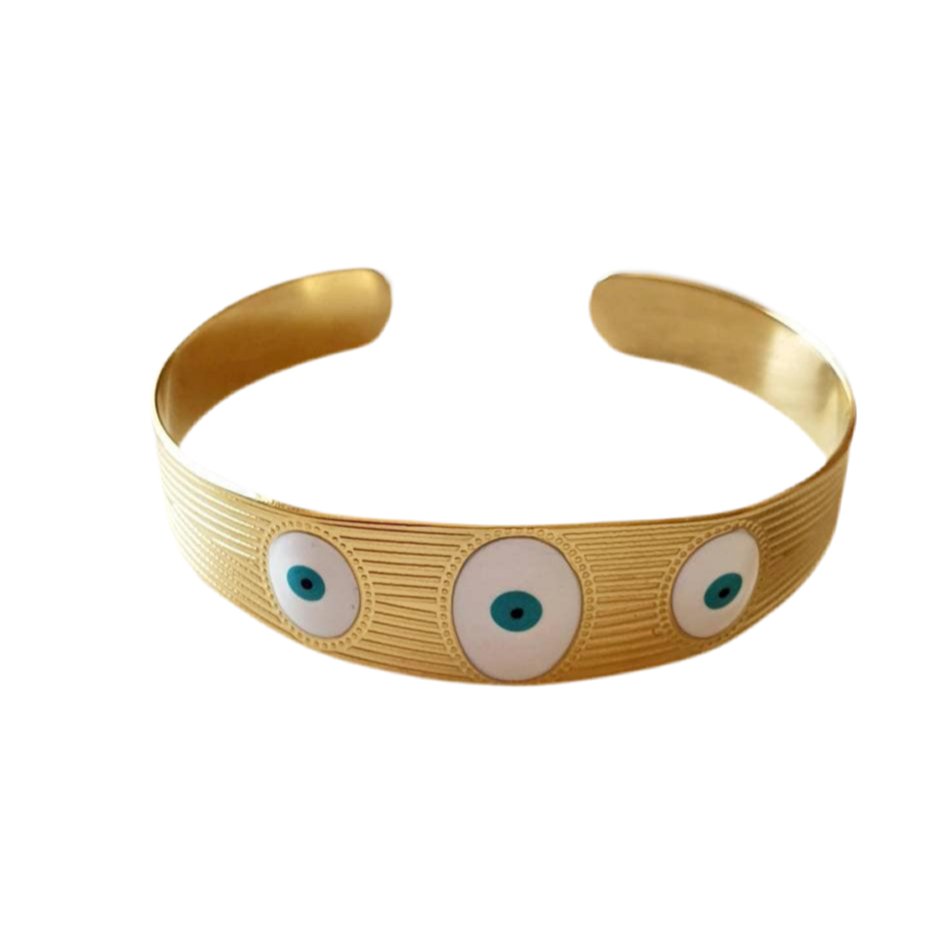Bracelet Jonc 'Los Ojos' - Manchette Or Ajustable et Souple avec Œil Bleu Blanc, Devil Eye, Protection et Porte - Bonheur - AlbertineAndTheSun