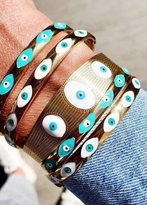 Bracelet Jonc 'Los Ojos' - Manchette Or Ajustable et Souple avec Œil Bleu Blanc, Devil Eye, Protection et Porte - Bonheur - AlbertineAndTheSun