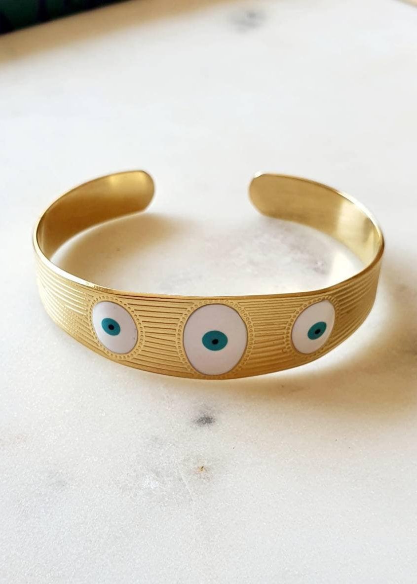 Bracelet Jonc 'Los Ojos' - Manchette Or Ajustable et Souple avec Œil Bleu Blanc, Devil Eye, Protection et Porte - Bonheur - AlbertineAndTheSun