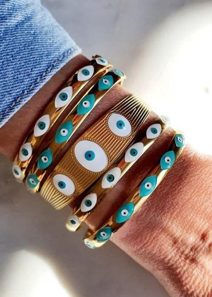 Bracelet Jonc 'Los Ojos' - Manchette Or Ajustable et Souple avec Œil Bleu Blanc, Devil Eye, Protection et Porte - Bonheur - AlbertineAndTheSun