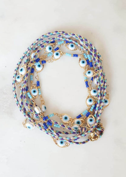Bracelet Multi - Rang Chaîne & Cordon - Perles Bleues et Blanches, Œil de Protection, Acier Inoxydable, Réglable - AlbertineAndTheSun