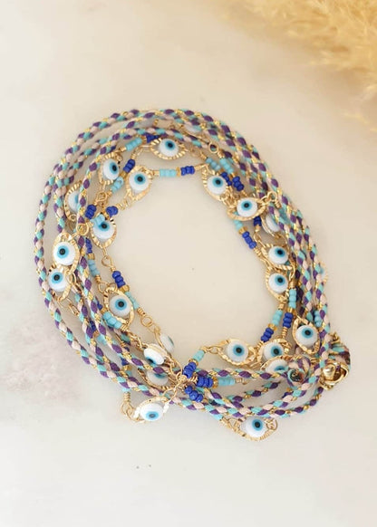 Bracelet Multi - Rang Chaîne & Cordon - Perles Bleues et Blanches, Œil de Protection, Acier Inoxydable, Réglable - AlbertineAndTheSun