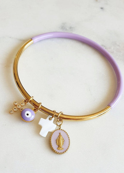 Jonc Blanc et Doré avec Pendentif Madone, Croix, Œil en Acier Inoxydable - Grigris Religieux Protecteur - AlbertineAndTheSun