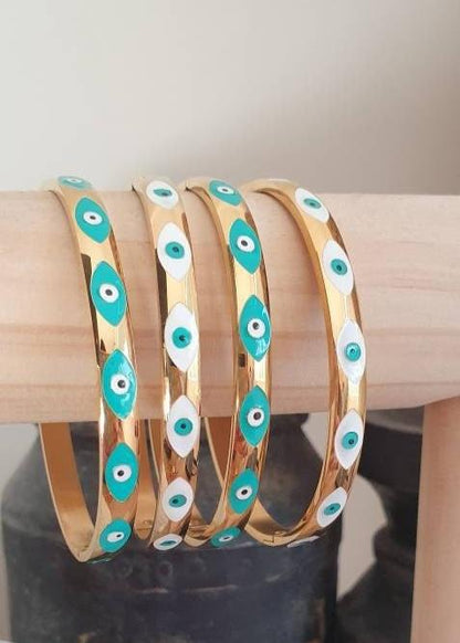 Jonc 'Bohemian Eyes' - Œil Protecteur Bleu et Blanc, Doré avec Fermoir Clips, Œil Grec - AlbertineAndTheSun