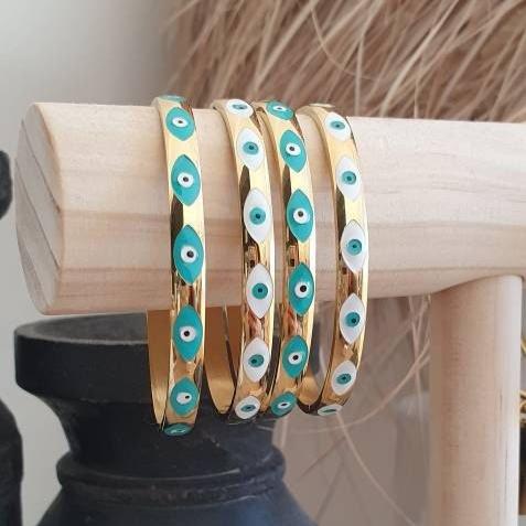 Jonc 'Bohemian Eyes' - Œil Protecteur Bleu et Blanc, Doré avec Fermoir Clips, Œil Grec - AlbertineAndTheSun