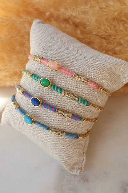 Jonc Fin Coachella - Bracelet Or avec Fil Coton Vert, Turquoise, Rose et Bleu, Ajustable, Acier Inoxydable - AlbertineAndTheSun