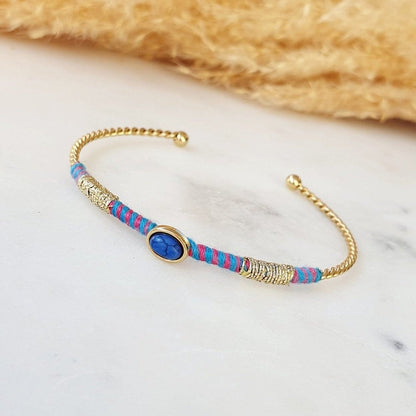 Jonc Fin Coachella - Bracelet Or avec Fil Coton Vert, Turquoise, Rose et Bleu, Ajustable, Acier Inoxydable - AlbertineAndTheSun