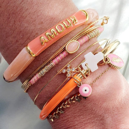 Jonc Fin Coachella - Bracelet Or avec Fil Coton Vert, Turquoise, Rose et Bleu, Ajustable, Acier Inoxydable - AlbertineAndTheSun