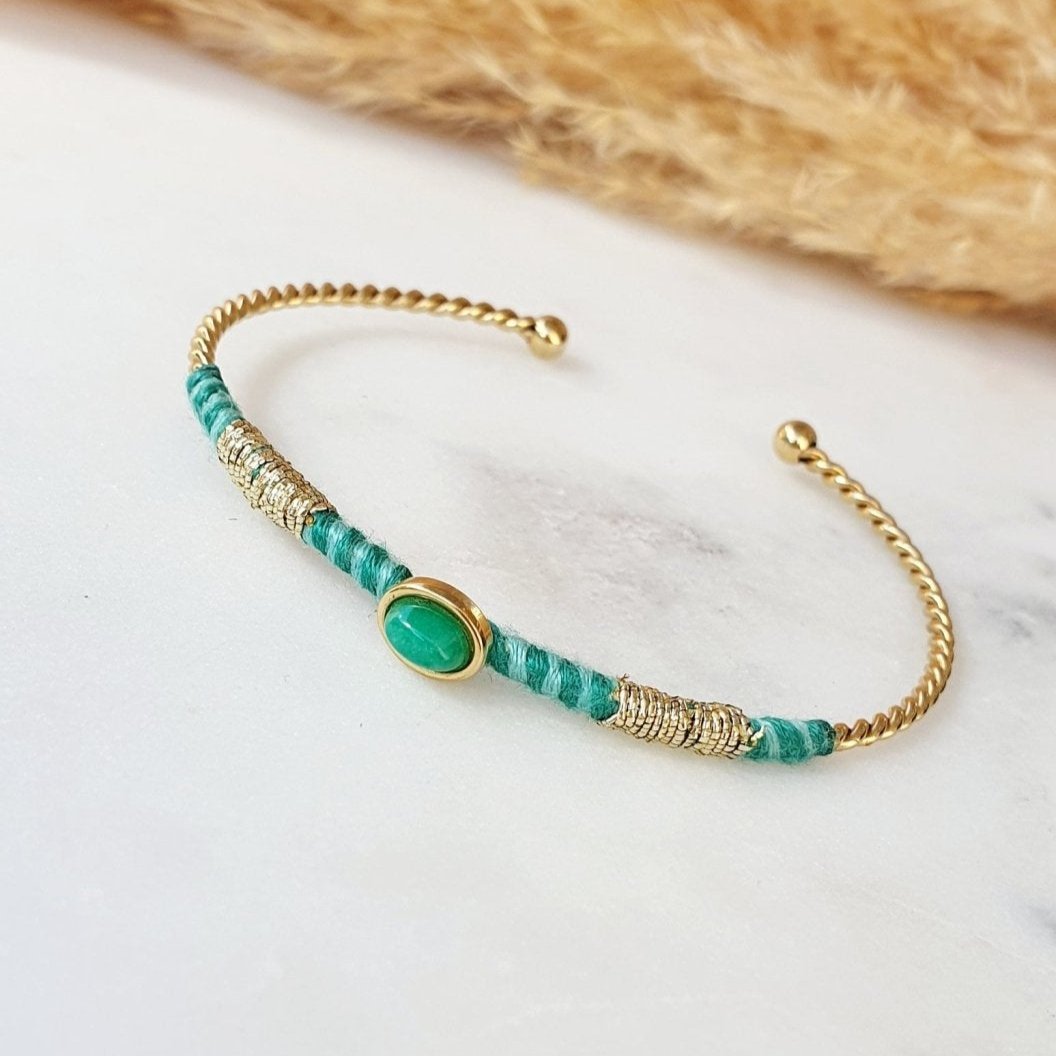 Jonc Fin Coachella - Bracelet Or avec Fil Coton Vert, Turquoise, Rose et Bleu, Ajustable, Acier Inoxydable - AlbertineAndTheSun