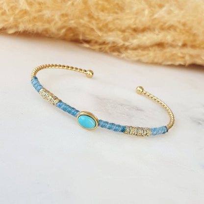 Jonc Fin Coachella - Bracelet Or avec Fil Coton Vert, Turquoise, Rose et Bleu, Ajustable, Acier Inoxydable - AlbertineAndTheSun