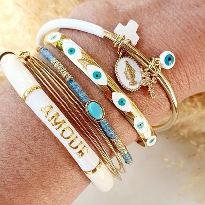 Jonc Fin Coachella - Bracelet Or avec Fil Coton Vert, Turquoise, Rose et Bleu, Ajustable, Acier Inoxydable - AlbertineAndTheSun