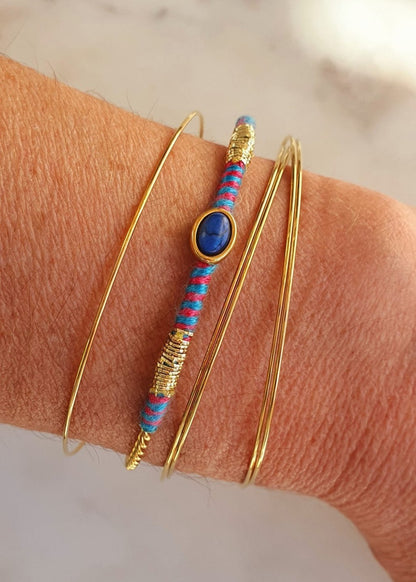 Jonc Fin Coachella - Bracelet Or avec Fil Coton Vert, Turquoise, Rose et Bleu, Ajustable, Acier Inoxydable - AlbertineAndTheSun