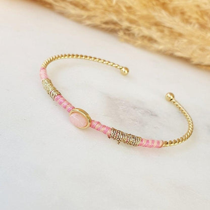 Jonc Fin Coachella - Bracelet Or avec Fil Coton Vert, Turquoise, Rose et Bleu, Ajustable, Acier Inoxydable - AlbertineAndTheSun