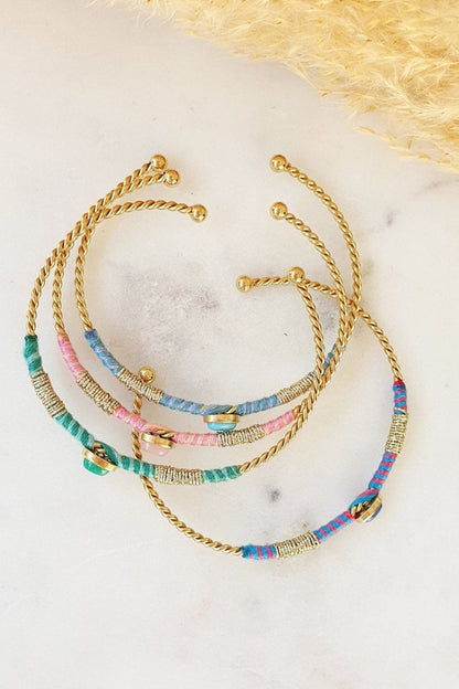 Jonc Fin Coachella - Bracelet Or avec Fil Coton Vert, Turquoise, Rose et Bleu, Ajustable, Acier Inoxydable - AlbertineAndTheSun