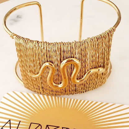 Manchette Serpent Large Doré - Bracelet Rigide Ajustable avec Fil Doré Ajouré, Acier Inoxydable, Style Boho Chic - AlbertineAndTheSun