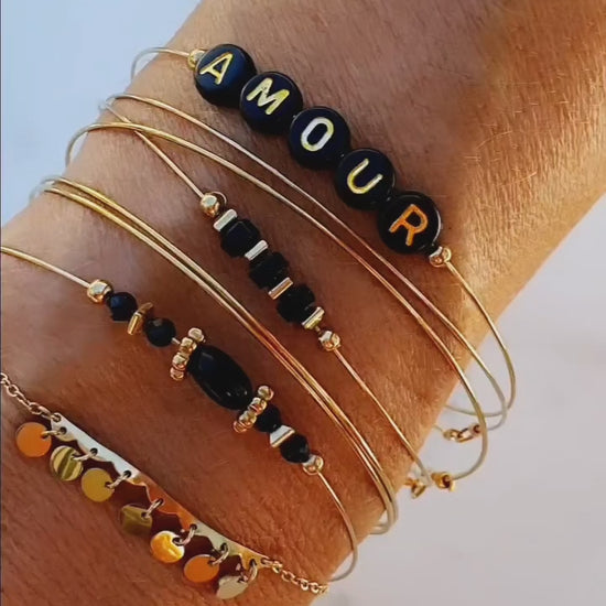 Semainier Fin Or avec Perles Noires - Ensemble de 7 Bracelets Fins, Jonc Bangle Acier Inoxydable, Couleur Doré - AlbertineAndTheSun
