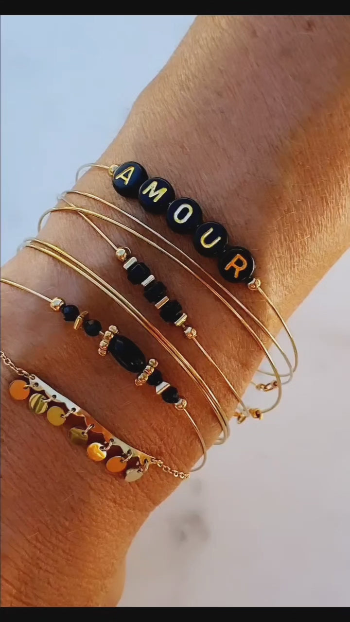 Semainier Fin Or avec Perles Noires - Ensemble de 7 Bracelets Fins, Jonc Bangle Acier Inoxydable, Couleur Doré - AlbertineAndTheSun