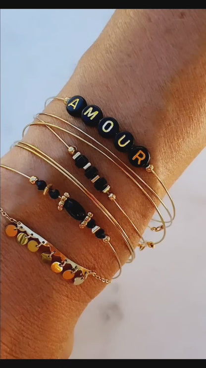 Semainier Fin Or avec Perles Noires - Ensemble de 7 Bracelets Fins, Jonc Bangle Acier Inoxydable, Couleur Doré - AlbertineAndTheSun