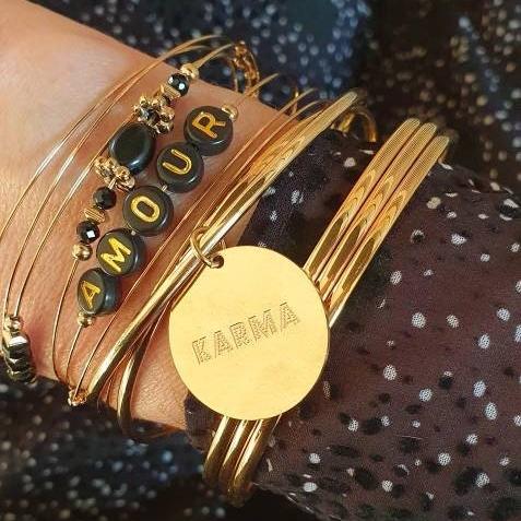 Semainier Fin Or avec Perles Noires - Ensemble de 7 Bracelets Fins, Jonc Bangle Acier Inoxydable, Couleur Doré - AlbertineAndTheSun